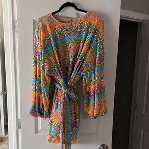 Show Me Your MuMu Sequin Dress with Orange and Green Accents